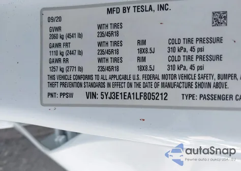 2020 Tesla Model 3 Standard Range Plus Rear-Wheel Drive/Standard Range Rear-Wheel Drive from USA, damaged, VIN 5YJ3E1EA1LF805212